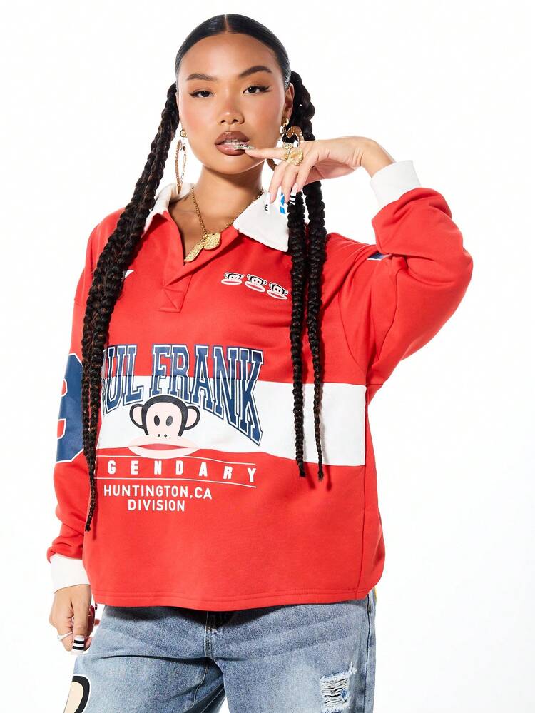 SUMWON Damen Collegestil Kontrast-Panel Langarm Rugby Shirt mit Affen Logo Grafik Muster