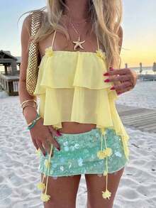 Aloruh 女士纯色3D立体花卉装饰双层荷叶边露背上衣 - 黃色 - 查看 3