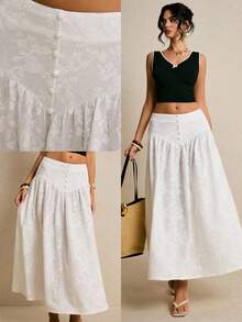 Poéselle 法式针织提花半身裙，白色蕾丝长裙，高腰飘逸波西米亚风半身裙，纽扣细节设计，优雅夏季 - 白色 - 查看 1