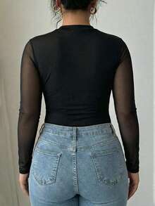 Elenzga Plus Size Women Spring/Summer Long Sleeve Mesh Patchwork Sheer Bodysuit - Black - View 2