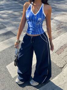 Coolane Pantalones de paracaídas con bloques de color para salir y conciertos de primavera y verano para mujeres - Azul - Ver 4