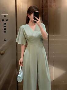 DAZY Jumpsuit Wanita Elegan Warna Polos Leher V Kaki Lebar, Jumpsuit Musim Panas untuk Wanita - Hijau - View 6