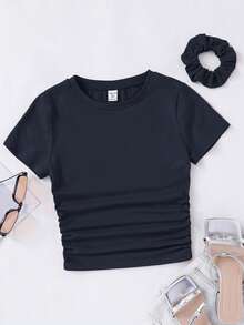 SHEIN Girlism Tween Girl Fitted Casual Crew Neck Short Sleeve T-Shirt With Side Ruffle And Hair Scrunchie,Kids - Navy Blue - View 5