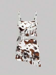 SHEIN MOD 女士全印花流苏吊带背心和不对称下摆半身裙休闲两件套 - 彩色 - 查看 4