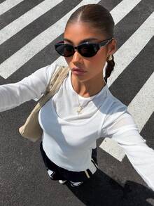 Muchica White Knit All-Match Versatile Women Long Sleeve T-Shirt - White - View 5