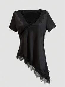 Opuloom Women's Fashionable & Elegant Ruffled Collar Lace Trim Camisole, Suitable For Valentine's Day, Wedding, Holiday, Casual Outing, Party, With Asymmetrical Hem And Stretchy Fabric Asymmetrical Top Blouse And Pants Set Black And White Top Asymmetrical Blouse Black Top White Pants - Black - View 3