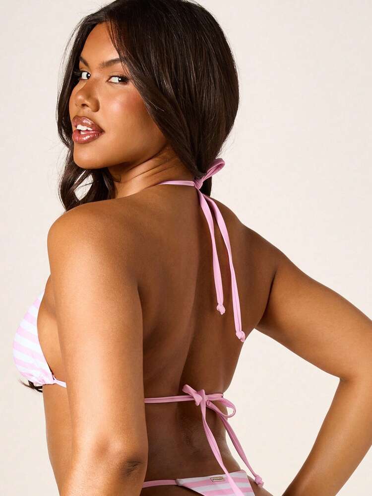 Missguided x Playboy Women's Triangle Bikini Set With Pink And White Horizontal Stripes Halter Top And Side Tie String Bottom Summer Beachwear Swimsuit