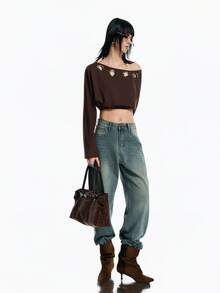 Airlisse Women's Backless Tie Strap Cropped Oblique Shoulder Long Sleeve Sweatshirt, Spring/Summer - Coffee Brown - View 7