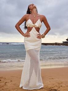 Opulessa Women's Hollow-Out Knit Dress, Suitable For Spring/Summer Vacation - Apricot - View 8