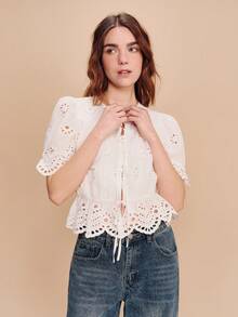 lacRébo Broidery Anglaise White Tie Front Cotton Blouse With Puff Sleeves And Scallop Hem Detail Boho Spring Summer Vacation French Style Parisian Style Spring Summer Cotton Top - White - View 5