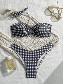 Swim Mod 女士黑白格子细肩带性感沙滩度假泳装套装 斑马纹比基尼套装 女士泳装 格纹比基尼两件式泳衣 抹胸比基尼 沙滩装 夏季泳装 比基尼套装 女士泳衣 格纹比基尼 - 黑與白 - 查看 1