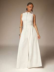 Denimoi 收腰拉链阔腿连体裤 早午餐穿搭 度假穿搭 性感牛仔连体裤 - 白色 - 查看 4