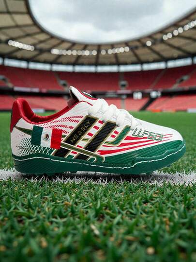 Tenis de Fútbol Rápido y Fut 7 Antiderrapantes para Niños y Niñas, Calzado Deportivo Infantil con Diseño Exclusivo de Banderas de Países, Estilo Moderno y Llamativo en Colores Blanco con Verde y Rojo, Negro con Verde y Rojo, Amarillo con Azul y Blanco Cielo con Oro, Suela de Goma de Alta Tracción para Cancha Sintética y Piso Duro, Ajuste Cómodo, Materiales Resistentes y Ligeros, Ideales para Entrenamientos, Partidos, Torneos y Uso Diario Deportivo