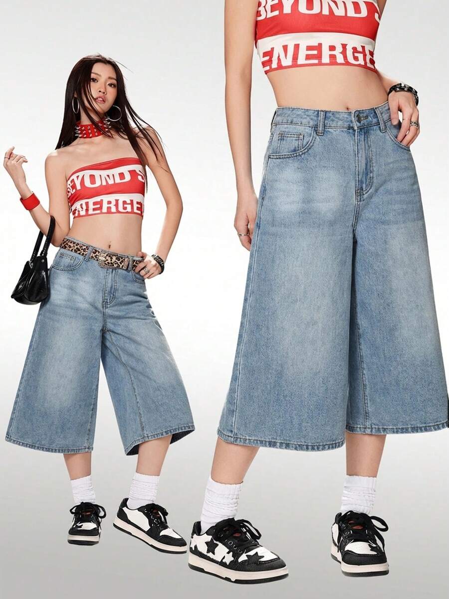 SHEIN ICON 女士休闲宽松七分阔腿牛仔裤，蓝色 - 淺色水洗藍 - 查看 1