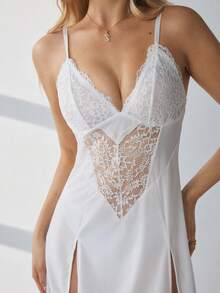 HautHeat Women's Sexy Contrast Lace Slit Camisole Dress, Summer Nightgown - Black - View 6