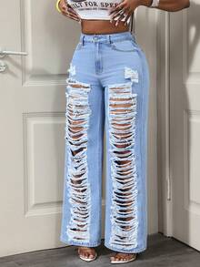 BamGleam Cowgirl Spring Women's Blue Non-Stretch Distressed Sexy Straight Leg Jeans - Light Wash - View 3