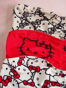 HELLO KITTY AND FRIENDS | SHEIN 女士时尚可爱猫咪印花前褶皱无肩带文胸 - 紅色 - 查看 9