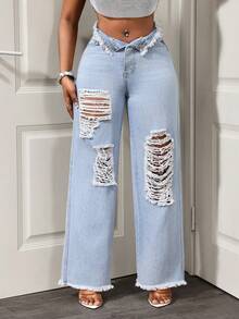 BamGleam Cowgirl Loose Fit Blue Distressed Flared Jeans With Frayed Hem, Non-Stretch, Spring For Women - Light Wash - View 5