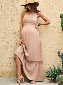 Boho Mama Pregnant Women's Ruched Waist Elegant Round Neck Casual Dress For Vacation & Daily Wear - Khaki - View 8