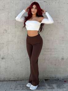 Bearsaez 秋冬年轻女性简约通勤家居杏色高腰修身喇叭腿针织裤 - 咖啡棕 - 查看 1