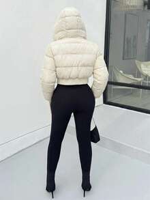 Alexandranx Casual Solid Color Hooded Cropped Winter Jacket ,Petite Women - Beige - View 2