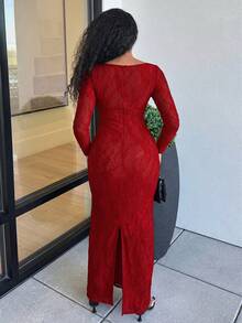 Alexandranx Women's New Autumn/Winter Party Date Night Sexy S-Shaped Lace Long Sleeve Bra Cup Fishbone Square Neck Bodycon Dress, Black,Summer Dresses For Women - Burgundy - View 2