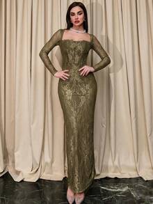 Bris Aura 女士秋冬新款性感 S 形蕾丝长袖紧身胸衣美人鱼长款紧身连衣裙，适合派对、约会、晚会 - 軍綠色 - 查看 5