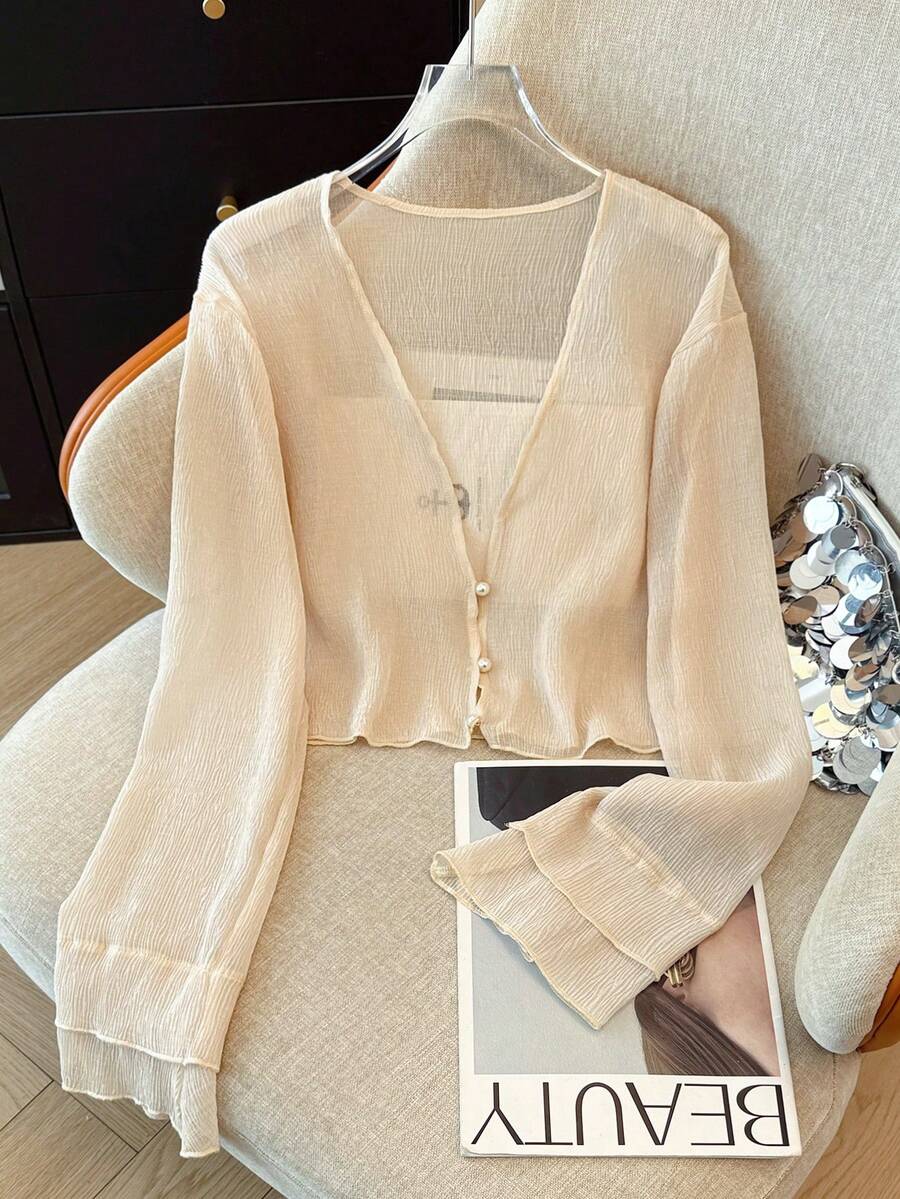 K-Vae Women's Delicate Textured Lightweight Sheer Cardigan, Short Pearl Button Shrug For Summer - Apricot - View 1