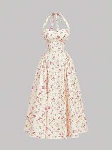 Vestido midi elegante de mujer con estampado floral pequeño y espalda descubierta, para verano - Multicolor - Ver 5