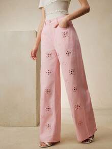 Anewsta 新款时尚镂空刺绣女士粉色直筒牛仔裤 - 粉色 - 查看 6