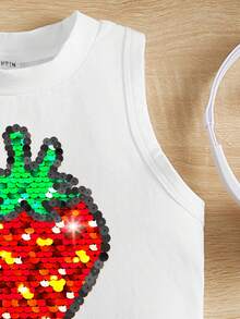 SHEIN Young Girl Casual Cute Sweet Textured Strawberry Pattern Sleeveless Round Neck Tank Top, Cream White, Vacation Vibe, Summer Fruit, Suitable For Summer, Vacation, Daily Wear, Valentine's Day - Multicolor - View 5