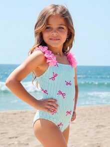 SHEIN 少女/少女针织条纹蝴蝶结设计3D花朵连体泳衣 粉色蝴蝶结泳衣 条纹连体泳衣 粉色连体泳衣 女童泳装 - 薄荷綠 - 查看 2