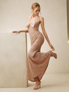 Anewsta 透视网纱拼接美人鱼连衣裙，优雅修身长款连衣裙，适合春夏穿着 - 淺粉色 - 查看 4