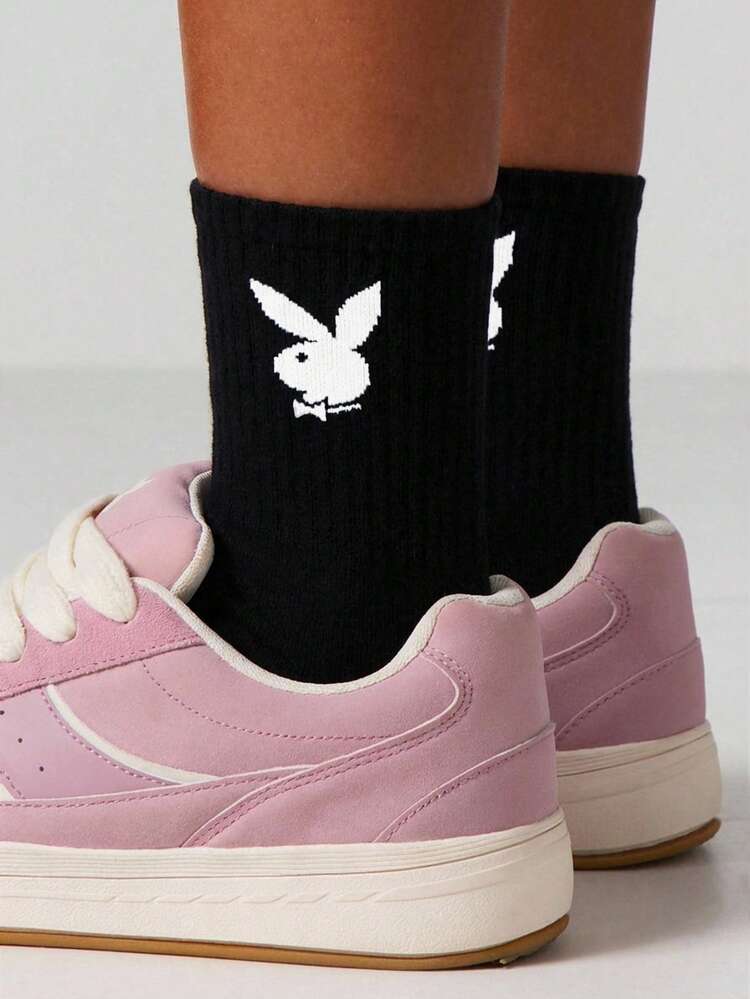 Missguided x Playboy Women Bunny Logo Crew Socks Black Novelty Character Print Mid Calf Casual Daily Wear