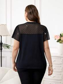 SHEIN Clasi Áo ngắn tay phối ren mùa hè dành cho nữ cỡ lớn, áo đi chơi, áo công sở thường ngày. - màu đen - Xem 8