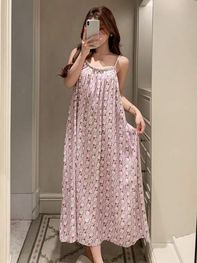 DAZY 快乐小狗印花无袖宽松长裙，女士夏季睡衣