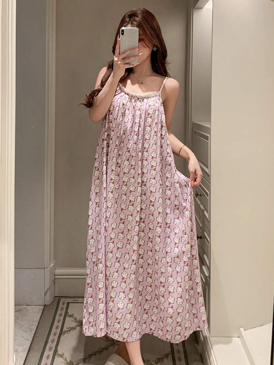 DAZY 快乐小狗印花无袖宽松长裙，女士夏季睡衣 - 紫色 - 查看 1