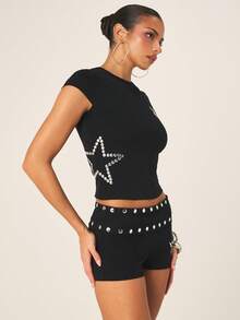 Missguided x Playboy 女士黑色短款婴儿T恤，饰有银色水钻星星和圆点图案，短袖修身款 - 黑色 - 查看 1