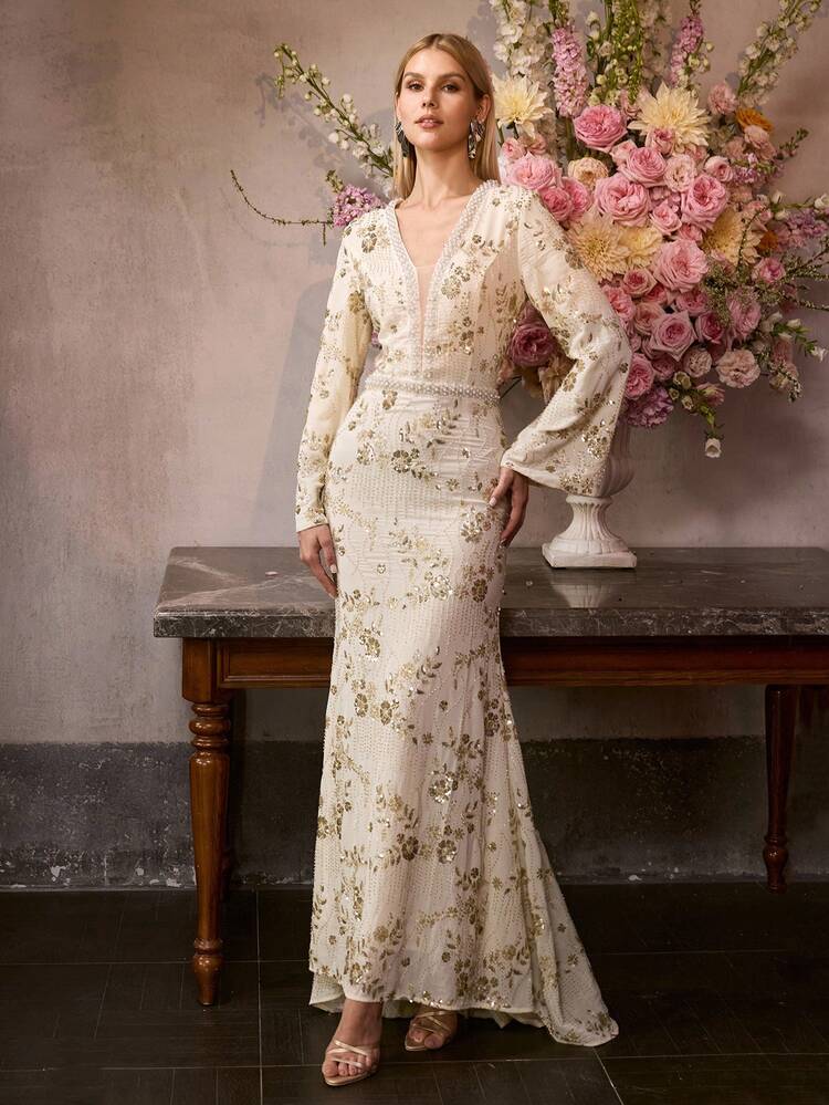 MOTF Soiréza ELEGANT SEQUINS BEADED BELL SLEEVE MERMAID HEM COCKTAIL DRESS, SPRING/SUMMER