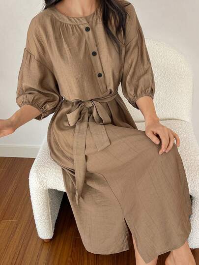 DAZY Women's Solid Color Front Button Waist Tie Casual Robe