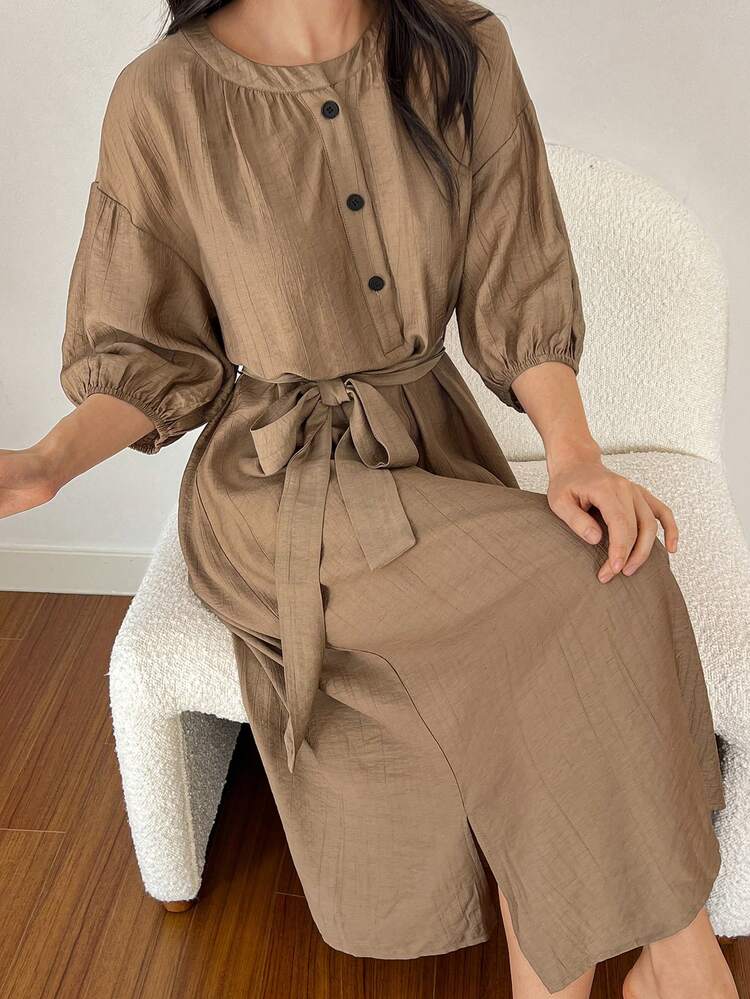 Spring/Summer Japanese Style Minimalist Lantern Sleeve Mid-Length Casual Dress For Women