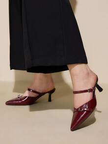 CUCCOO CURVES Women's Pointed Toe Buckle Design Everyday Versatile Fashion Wide Fit High Heels - Rose Red - View 3