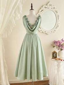 Vintamour 复古优雅女士连衣裙，带口袋，天鹅绒材质，珍珠链点缀，适合派对、节日、鸡尾酒会、秋季、万圣节、冬季、圣诞节等场合，也可作为女士秋季服装、万圣节服装、圣诞节服装、圣诞派对礼服、新年礼服、感恩节服装等。优雅派对连衣裙 - 淡綠 - 查看 4