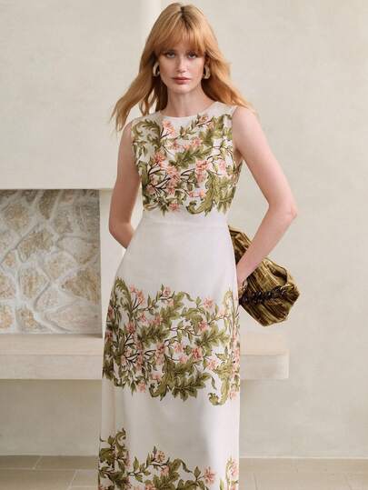 Arave Women's Sleeveless Waist-Cinched A-Line Dress With Floral Design, Elegant Party Dress