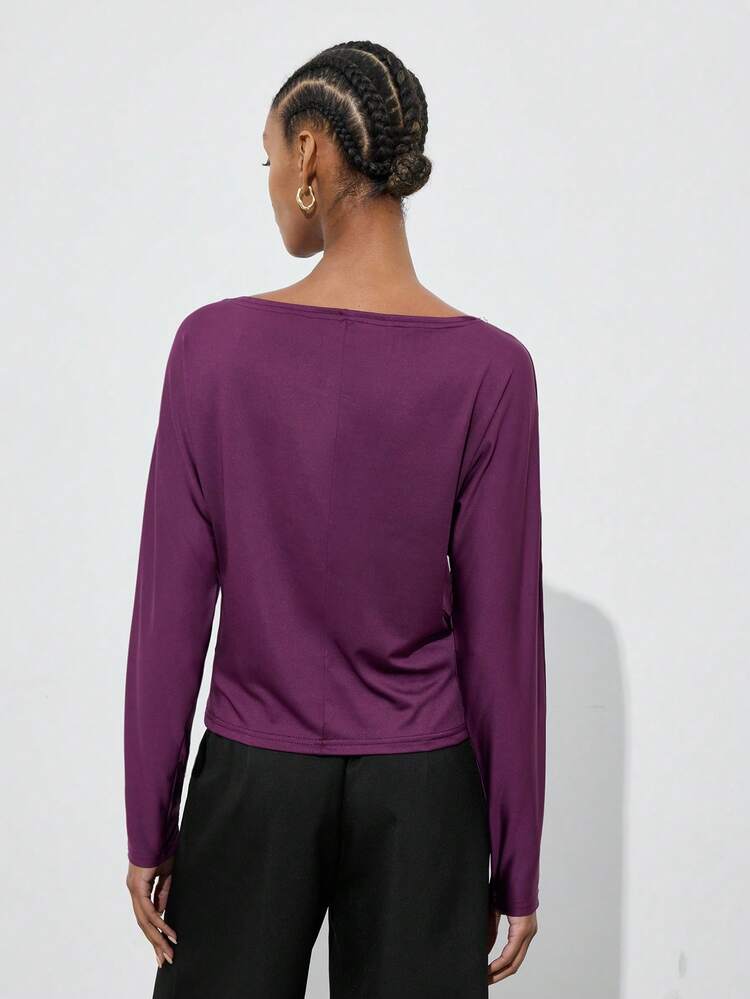 SHEIN Maija Women's Elegant Purple Autumn Mesh Patchwork Metal Decor Long Sleeve Top,Modern Urban Batwing Sleeve Heat-Pressed Tee For Brunch,Party & Vacation