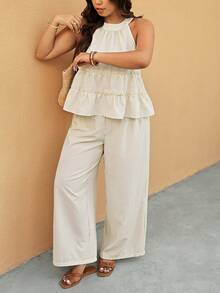 Elaquor Bộ đồ 2 món cỡ lớn, kiểu dáng thường ngày, kẻ sọc, gồm áo hai dây và quần. - Màu be - Xem 1