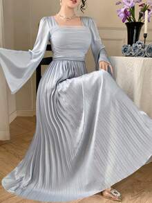 DAZY Women's Elegant Party Solid Color Flared Sleeve Pleated Dress Sundress - Baby Blue - View 3