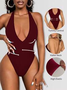 Sirith One-Piece Suit Seamless Knit Deep V-Neck Backless Halter Bodysuit - Burgundy - View 3