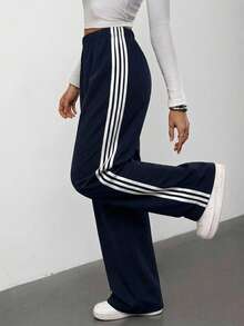 SHEIN Tall Pantalones de chándal casuales de mujer de punto azul marino, pantalones de chándal con franja lateral y parche - Azul Marino - Ver 9