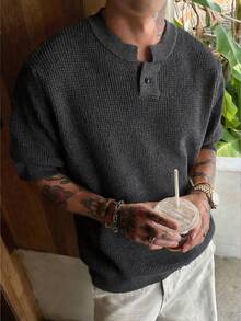 ROMWE MEN Essentials Camiseta de punto de manga corta de unicolor casual y para uso diario, verano - Gris Oscuro - Ver 1